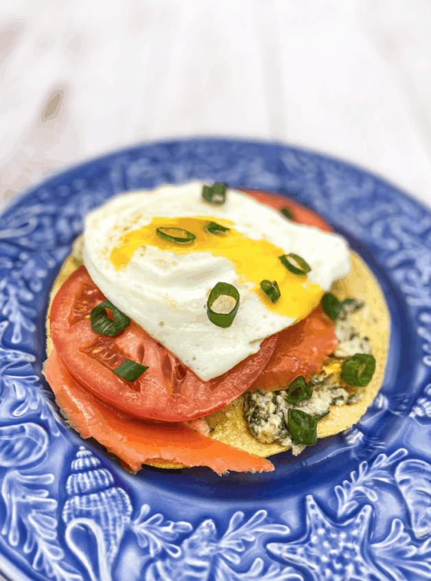 This Salmon Tomato Egg on a Tostada is made with smoked salmon, tomatoes, eggs and my Spinach Artichoke Pepper Jack dip.