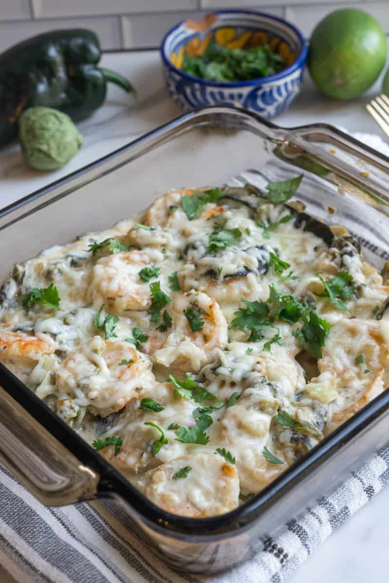 Bake in the oven, at 400°F until the cheese melts, about 3-5 minutes. Enjoy this Shrimp Poblano. 