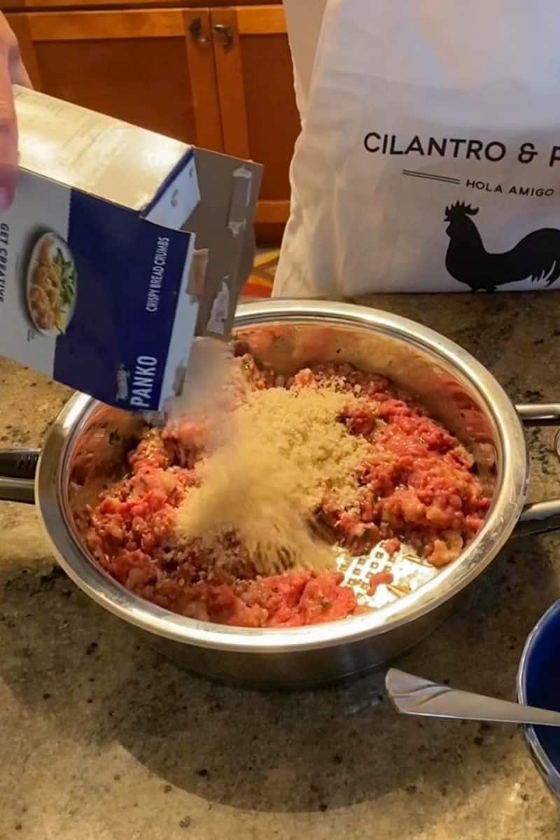 In a large bowl, add the ground beef, ground pork, panko crumbs, parmesan, eggs, parsley and garlic and mix with your hands. You may cover and refrigerate for one hour before.