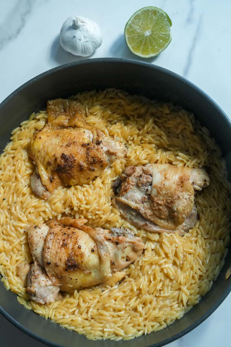 This One Pot Chicken Orzo Recipe is made with chicken, garlic, bay leaves, chicken broth and simmered to perfection. 