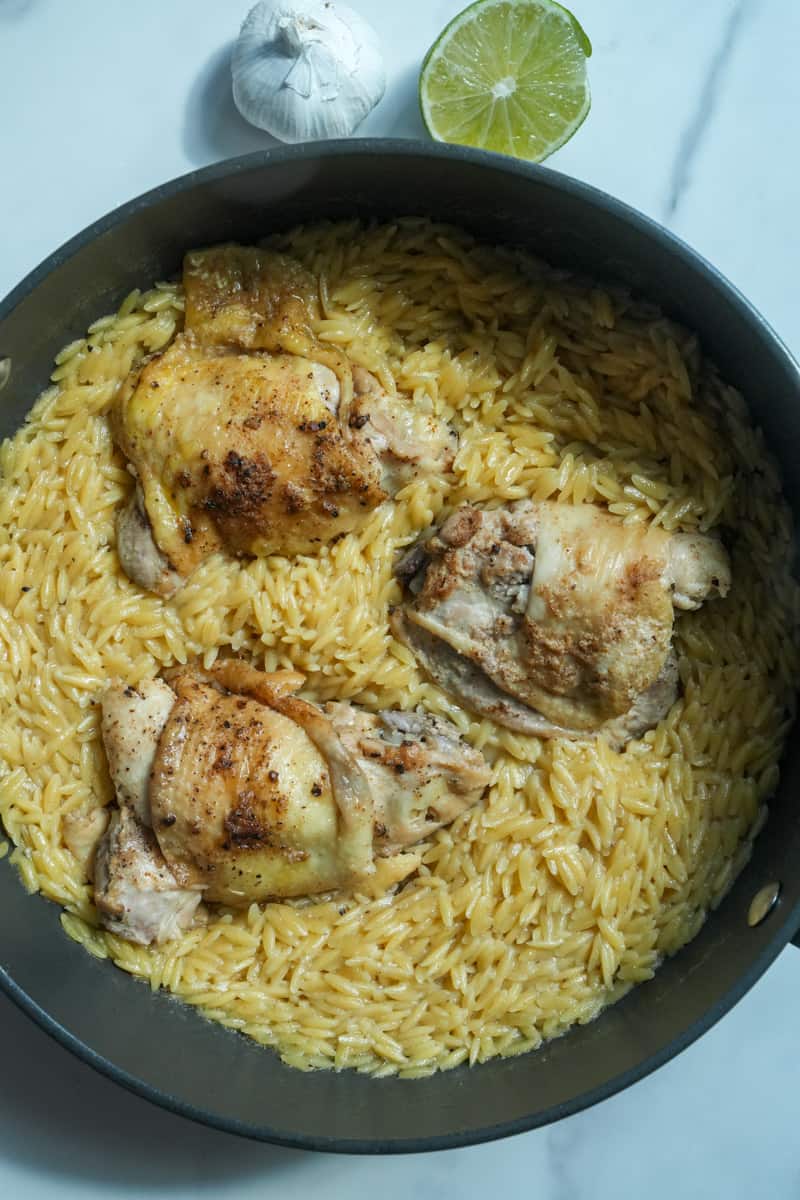 This One Pot Chicken Orzo Recipe is made with chicken, garlic, bay leaves, chicken broth and simmered to perfection. 