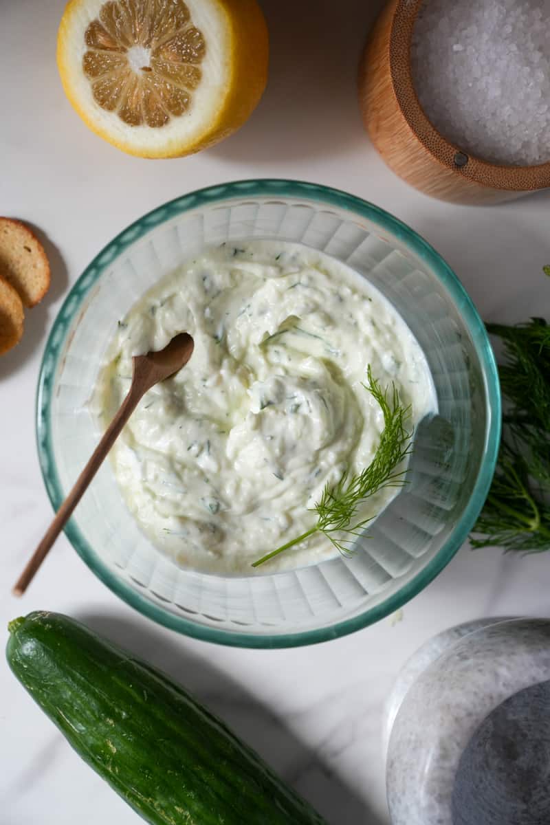 This Tzatziki Recipe combines crisp cucumber, greek yogurt, zesty lemon juice, aromatic dill, and a touch of garlic.