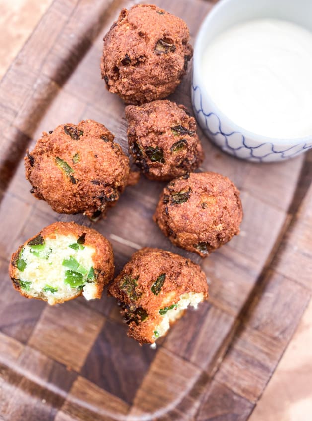 These Keto Jalapeño Hushpuppies are made with almond flour, coconut flour, jalapeños, eggs and are fried in oil.
