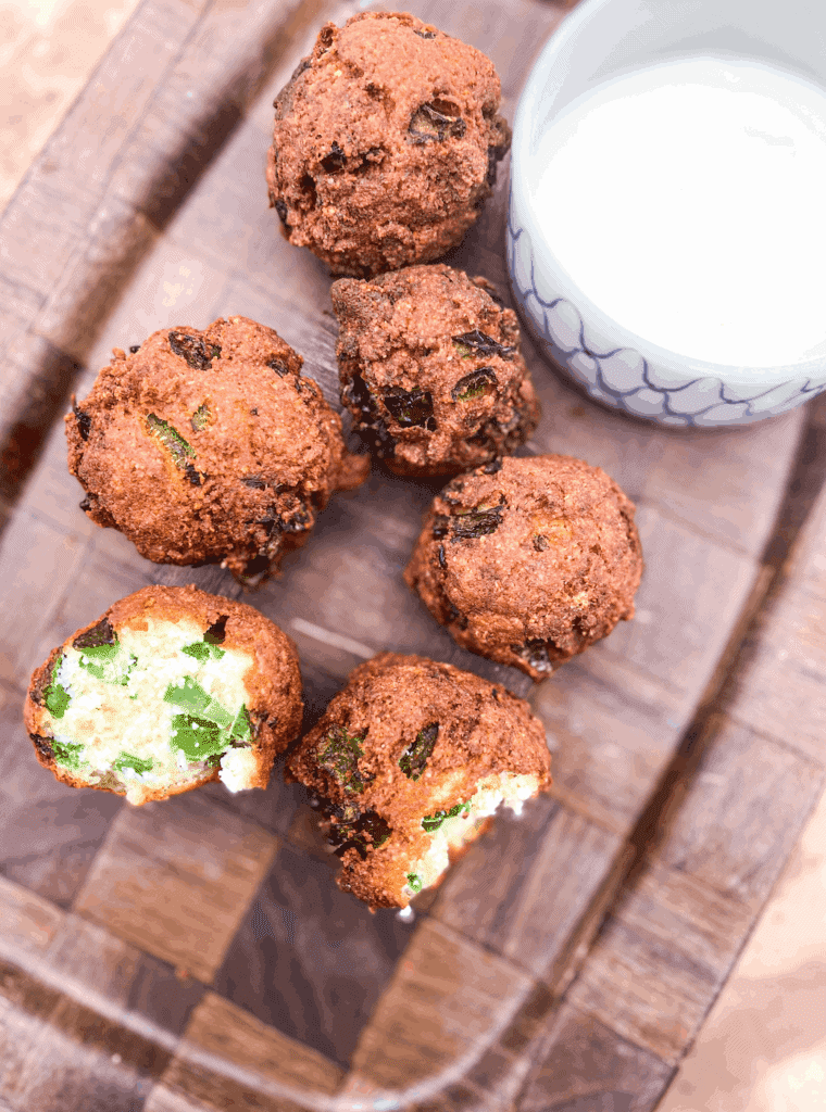 These Keto Jalapeño Hushpuppies are made with almond flour, coconut flour, jalapeños, eggs and are fried in oil.