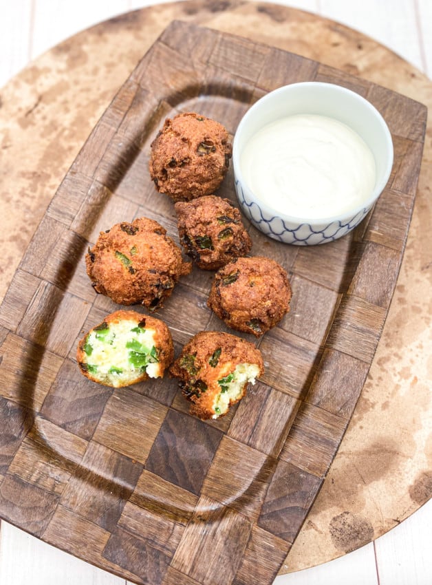 These Keto Jalapeño Hushpuppies are made with almond flour, coconut flour, jalapeños, eggs and are fried in oil.