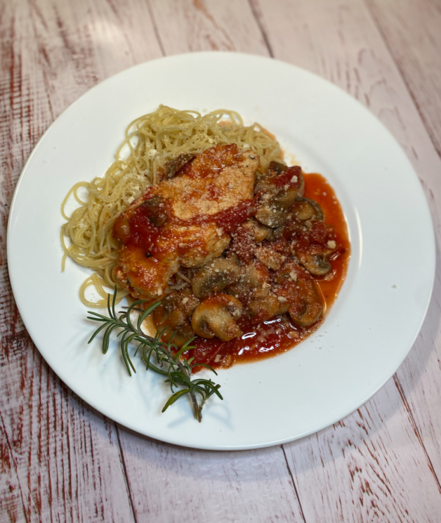 This Chicken in Mushroom and Wine Sauce is made with chicken thighs, rosemary leaves, mushrooms, chicken broth, sherry and angel hair. 