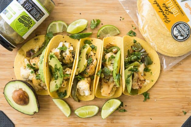 These Cauliflower and Pepper Tacos are made with cauliflower, peppers, onion, soy sauce, sesame seeds, cilantro and avocado slices.