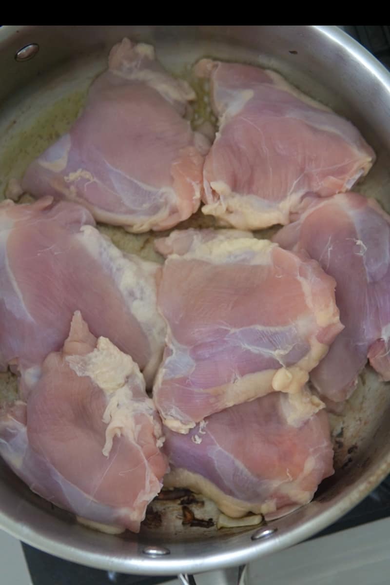 In the same pan, put 1 tablespoon of olive oil and then place the chicken and brown for 8 minutes. Flip over to the other side to brown for another 8 minutes. If the pan doesn’t all fit the chicken, you may need to do it in batches. 