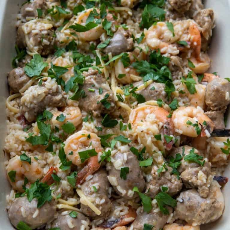 This Shrimp Sausage and Rice Recipe dish is made with shrimp, sausage, spaghetti, rice, cajun seasoning, and lemon and a great Shrimp with Pasta Recipes!
