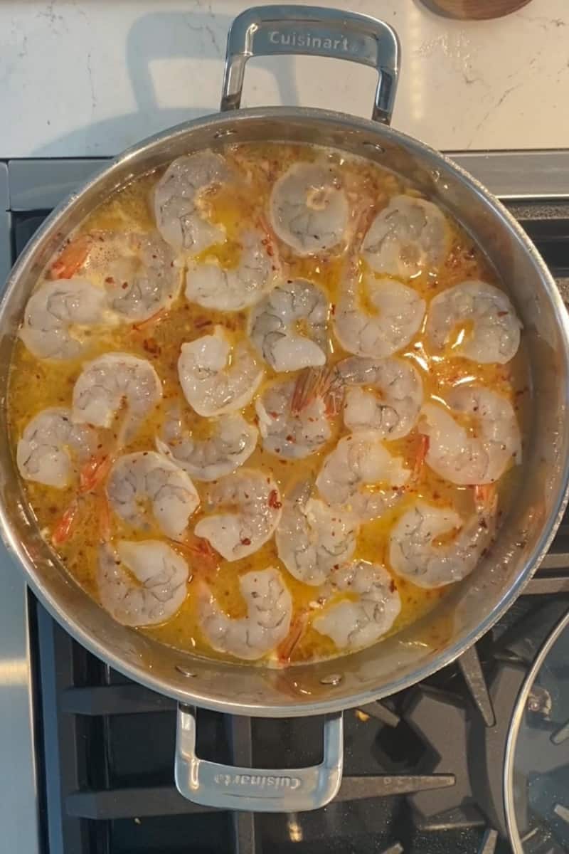 Season the shrimp with salt and pepper and then add to the pan. Each side should cook for about 2-3 minutes or until the shrimp turns pink!