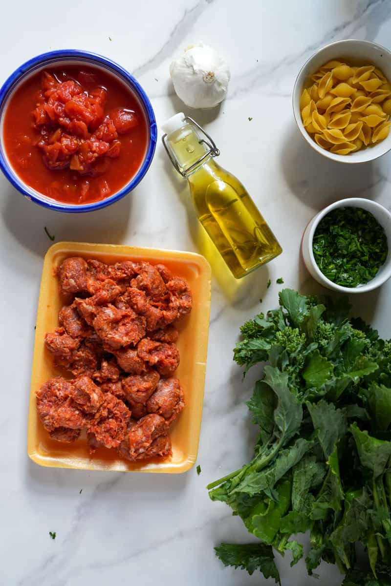 This Broccolini Sausage Pasta Recipe is made with sausage, broccoli rabe, garlic, diced tomato, and orecchiette pasta.