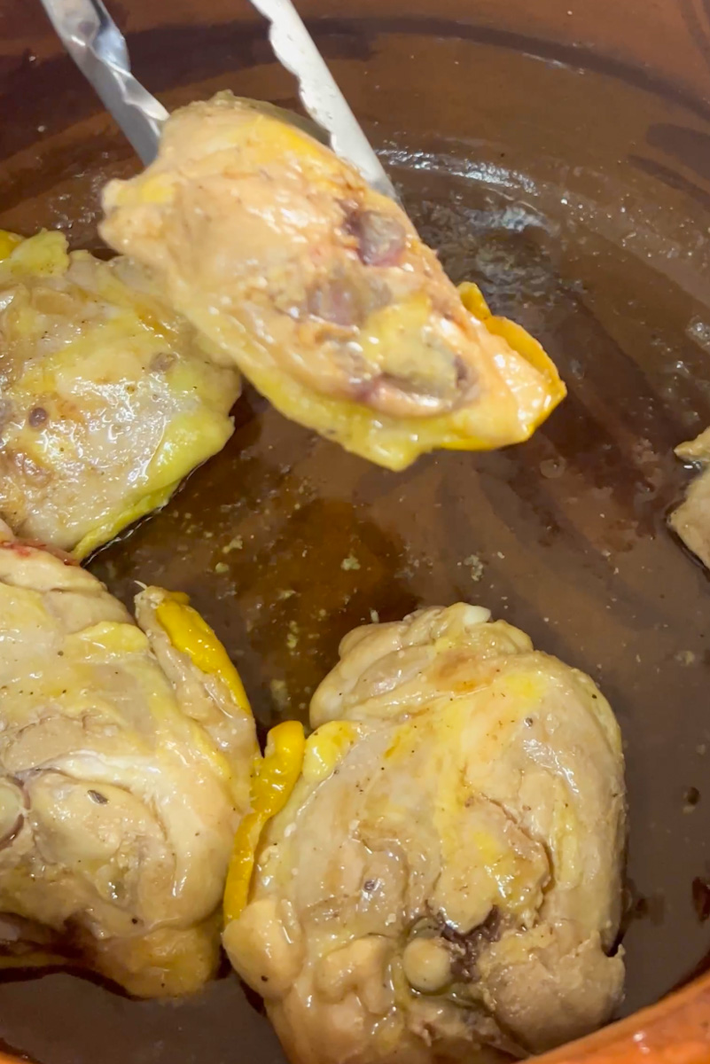 Brown the chicken: Brown the chicken dry with paper towels and season generously with salt and pepper. In a large dutch oven or pot on medium-high heat, add the butter and wait for it to melt. Brown the chicken for 4-6 minutes on each side. Remove the chicken on a plate. Remove the dutch oven from heat but save the liquid inside of it.