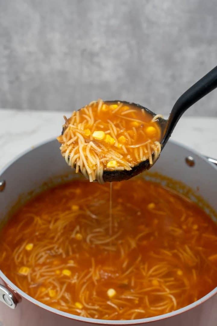This Mexican Fideo Soup Recipe is made with fideo pasta, diced tomatoes, onion, garlic, corn, broth and simmered into perfection.