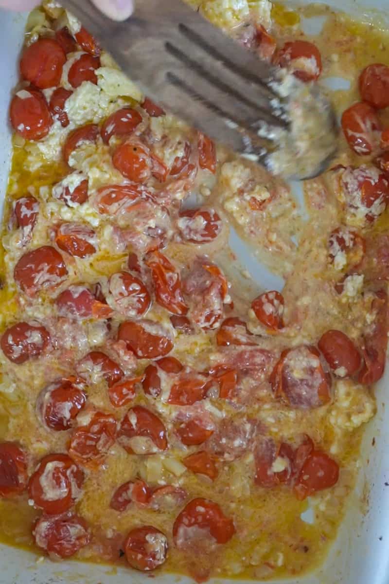 Bake for 40 to 45 minutes, until tomatoes are bursting and feta is golden on top.