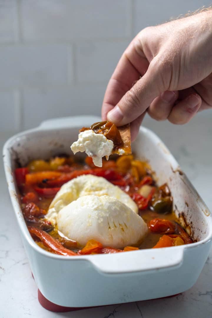 This Roasted Peppers Burrata Appetizer Recipe is made with bell peppers, cherry tomatoes, garlic, balsamic, honey, and burrata cheese.