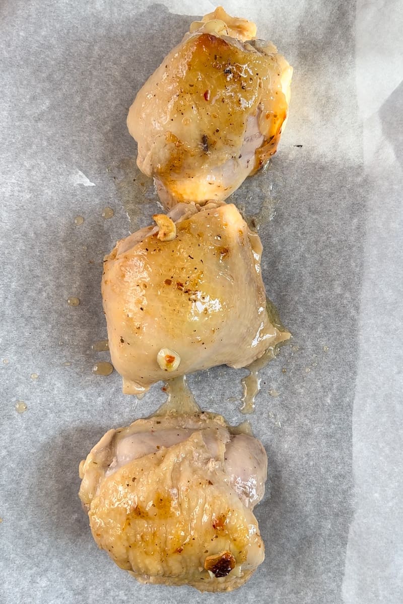 Take the chicken out and lay on a prepare baking sheet. Broil for 3-5 minutes, watching very closely. Reserve the juice from the baking pan. 