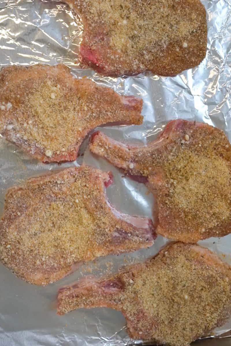 Air fry the pork chops for 12-15 minutes, depending on the thickness of the pork, flipping once halfway. 