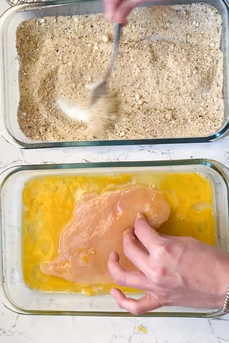 Dip a piece of chicken into the eggs and then the bread crumbs on both sides. Place in a clean plate. Repeat with the rest. 