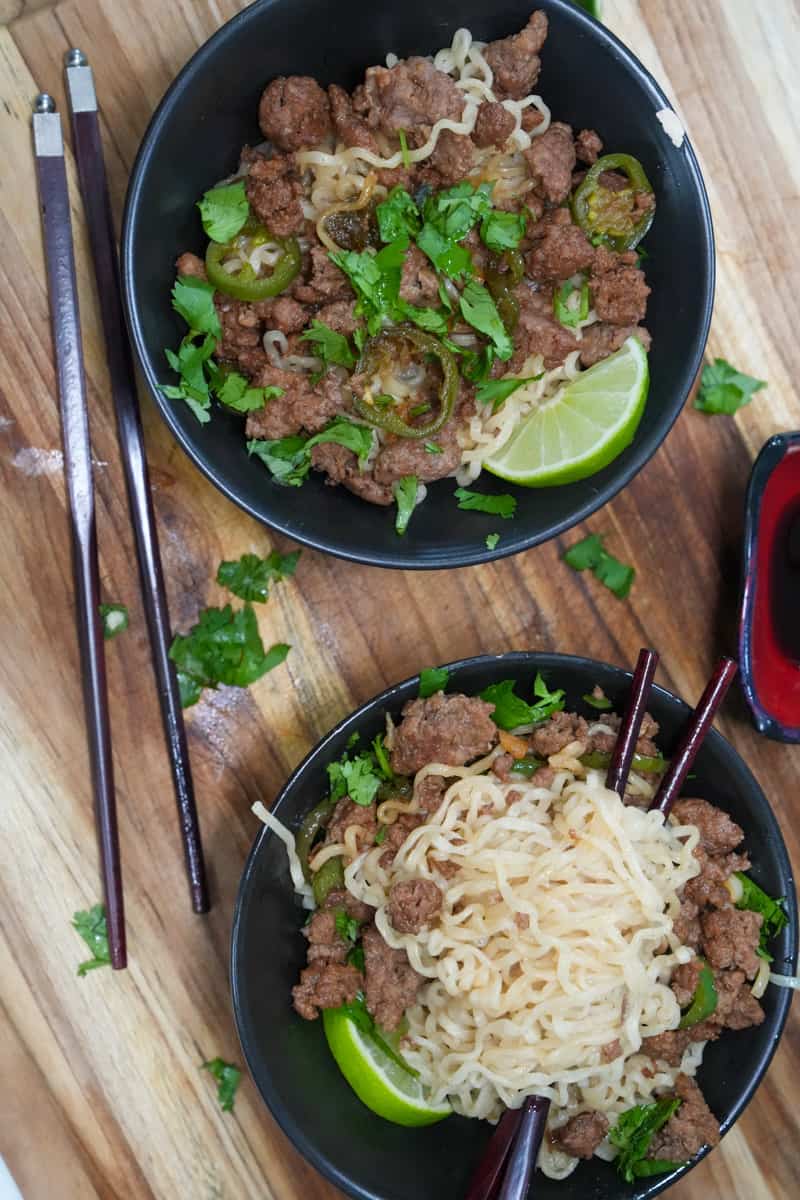 These Ground Beef Ramen Recipe is made with ramen, ground beef, hoisin sauce, sriracha, jalapeños, lime juice, and cilantro.