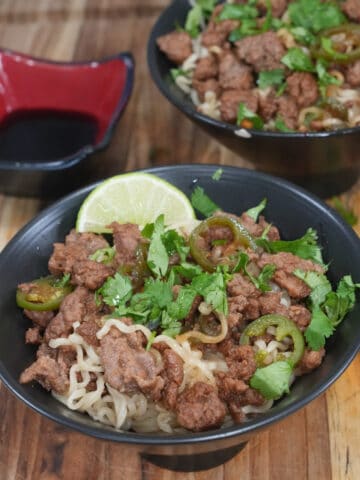 Ground beef ramen with hoisin: Ramen noodles with savory ground beef, elevated by the sweet complexity of hoisin sauce.