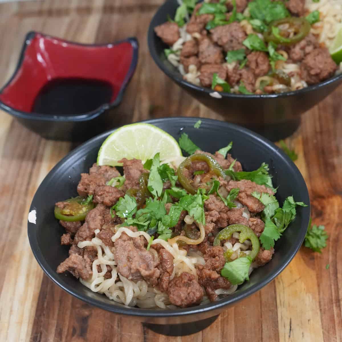 Ground beef ramen with hoisin: Ramen noodles with savory ground beef, elevated by the sweet complexity of hoisin sauce.