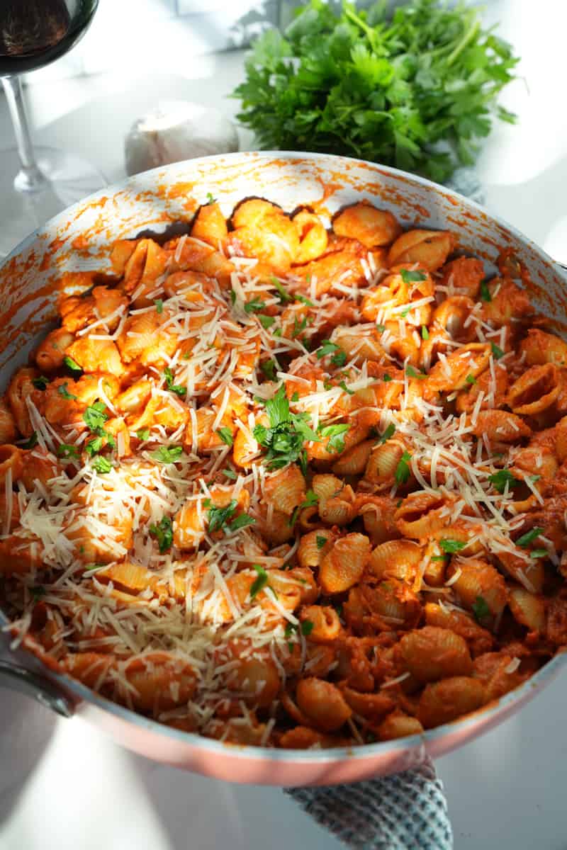 This Vodka Sauce Pasta Recipe is made with whole San Marzano tomatoes, sun-dried tomatoes, heavy cream, butter, garlic, and vodka.