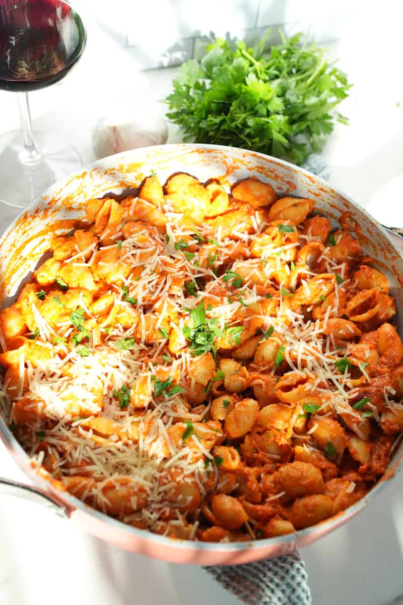 This Vodka Sauce Pasta Recipe is made with whole San Marzano tomatoes, sun-dried tomatoes, heavy cream, butter, garlic, and vodka.