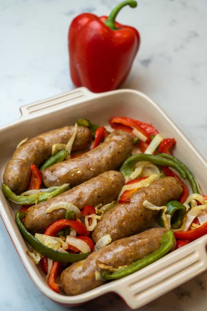 This Air Fryer Sausage and Peppers dish is made with sweet and spicy sausages, bell peppers, onions and air fried to crispy goodness.