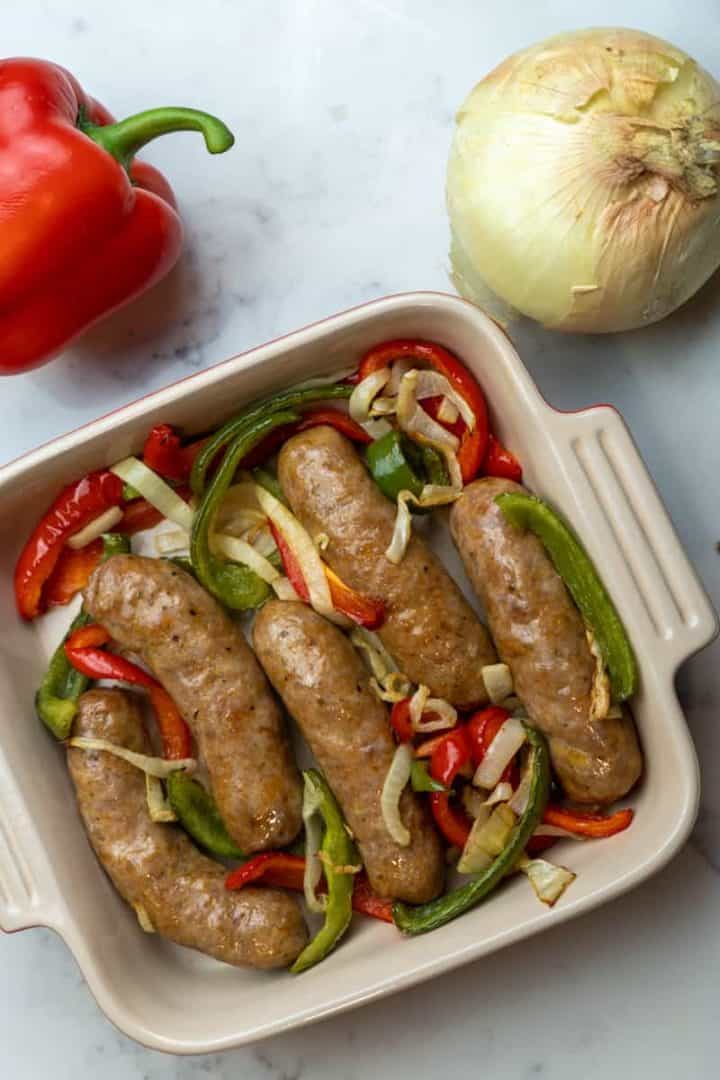 This Sausage and Peppers Recipe is made with sweet and spicy sausages, bell peppers, onions and air fried to crispy goodness.