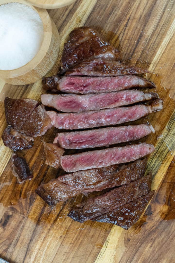 Wagyu usually comes cut about ½ inch thick, as opposed to American steak, which is roughly 1 ½ inches thick.