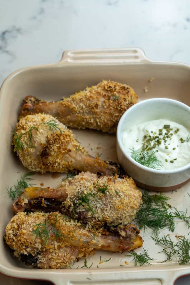This Panko Crusted Chicken with Horseradish is made with chicken drumsticks, eggs, horseradish, Worcestershire, panko crumbs, and baked to perfection.