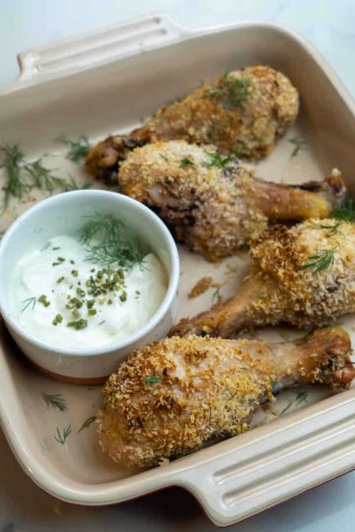This panko crusted chicken is made with chicken drumsticks, eggs, horseradish, Worcestershire, panko crumbs, and baked to perfection.