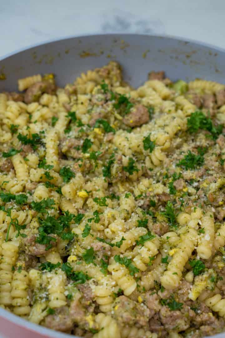 This Creamy Sausage and Broccoli Pasta Recipe is made with Italian sausage, garlic, chicken broth, broccoli, butter, parmesan and pasta.
