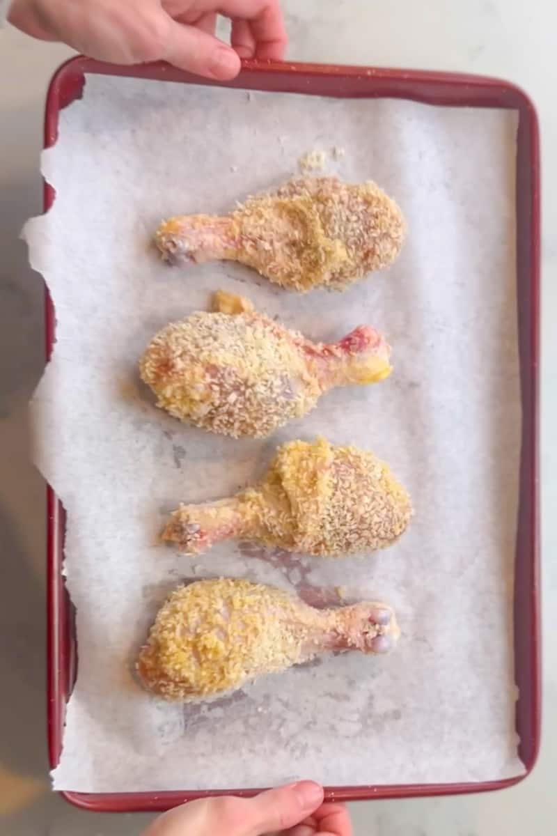 Place the chicken on a baking sheet lined with parchment paper. Bake in the oven for 40 minutes.