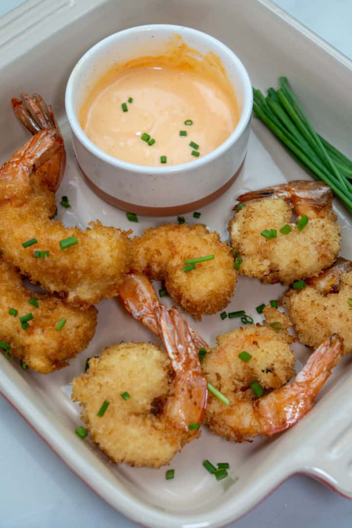 This Rock Shrimp Tempura is made with fresh shrimp, flour, vegetable oil, egg, panko crumbs, cold water, and served with a spicy mayo. 