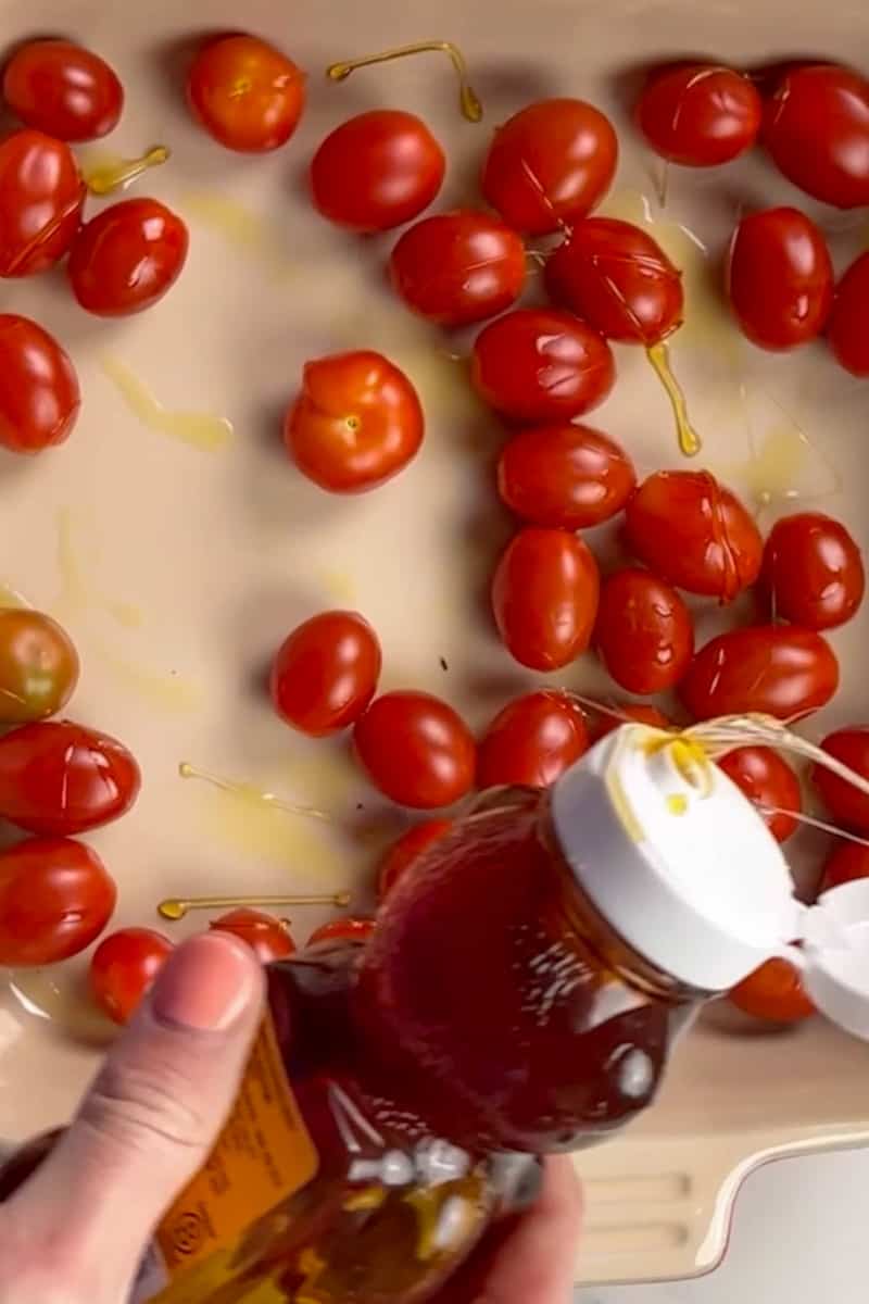 Bake the tomatoes. Switch oven temperature to 400 F. Spray a baking sheet with nonstick cooking spray. Arrange the tomato slices in a single layer, drizzle with 1 tablespoon of honey and olive oil as needed. Bake for 25-35 minutes.