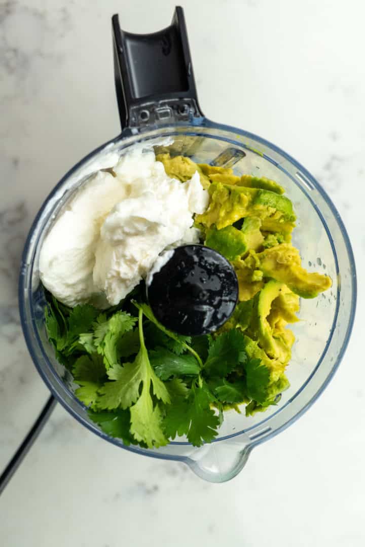 For the crema, you just need avocado, Greek yogurt, lime juice, cilantro and salt. 