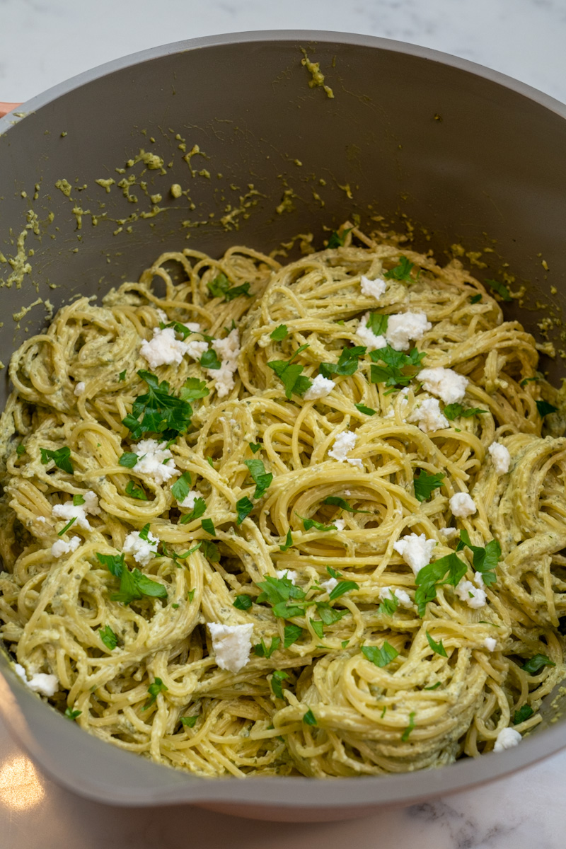 This Mexican Green Spaghetti with Poblano Sauce is made with poblano peppers, milk, cream cheese, feta cheese, cilantro and spaghetti.