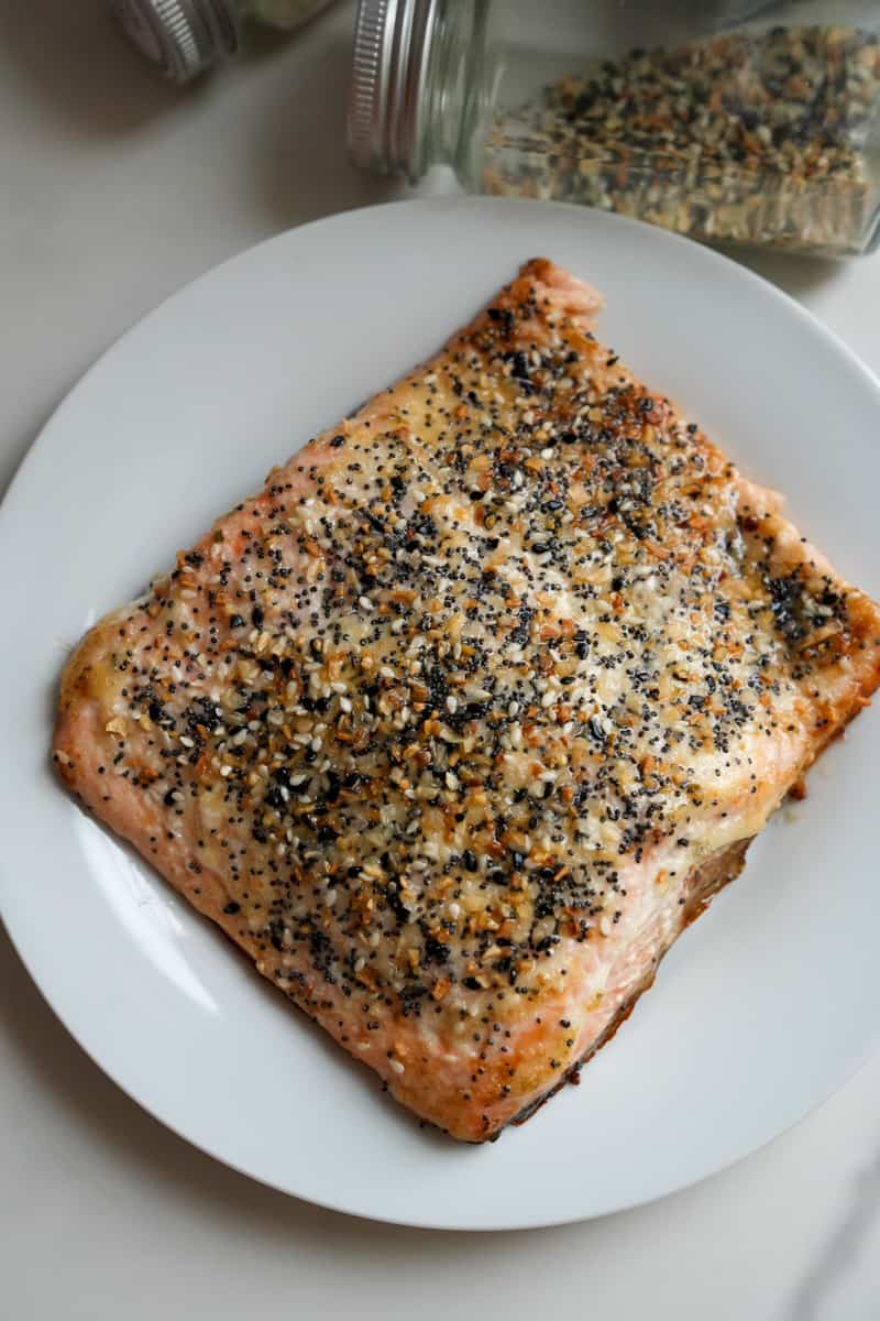 Bake in the oven for about 12-15 minutes, until the salmon flakes easily with a fork. Enjoy this Everything Bagel Salmon Recipe.