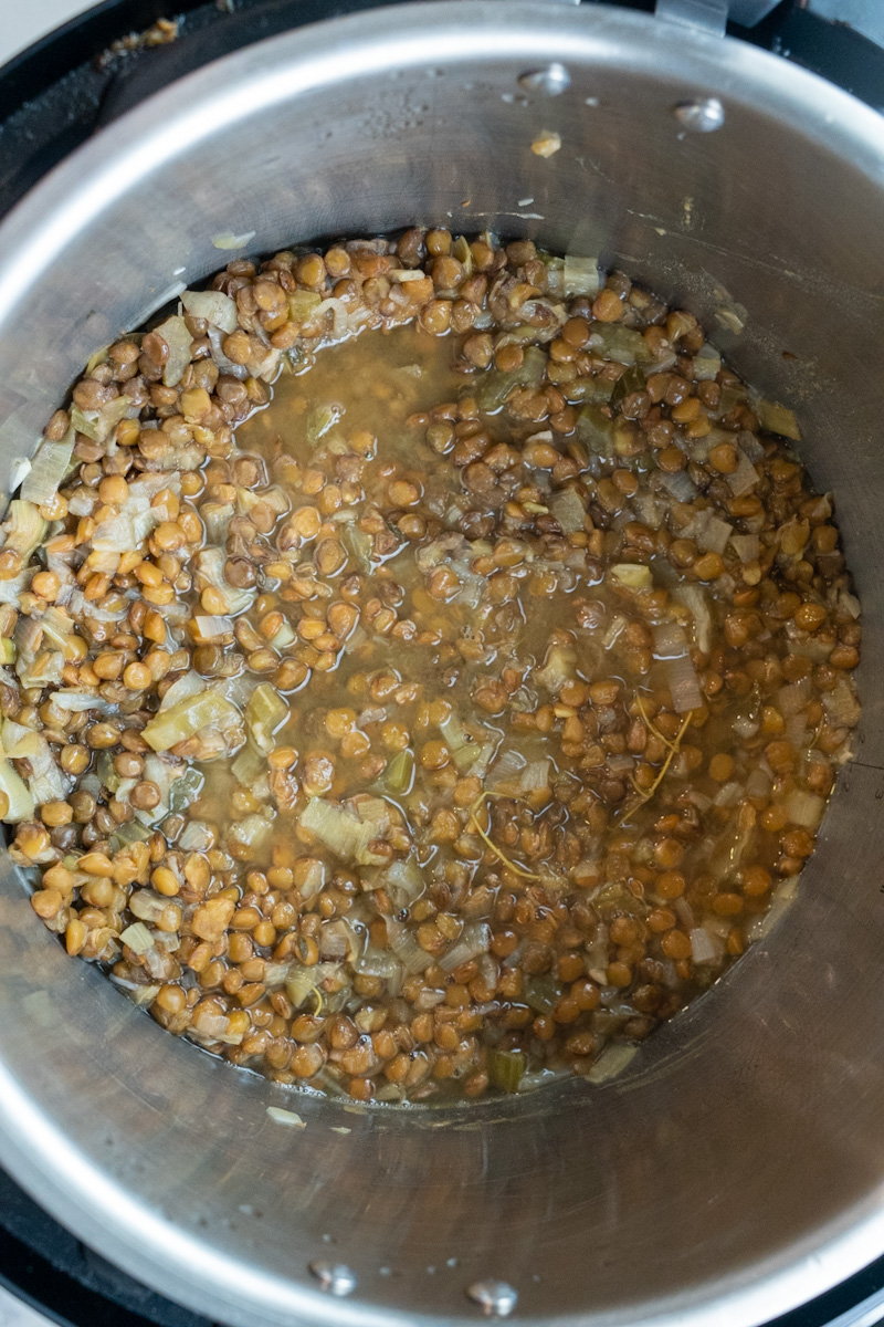 Esta Sopa de Lentejas se prepara con cebolla, zanahoria, lentejas, vino blanco, perejil, caldo y tomates enteros pelados.