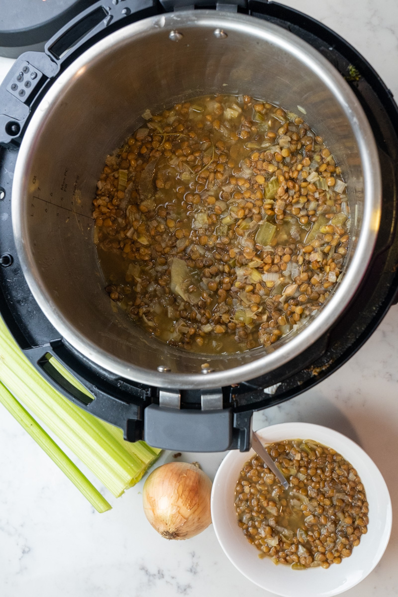 This Instant Pot Lentil Soup with Leeks is a healthy hearty dinner made with leeks, onion, garlic, celery, vegetable stock and green lentils.