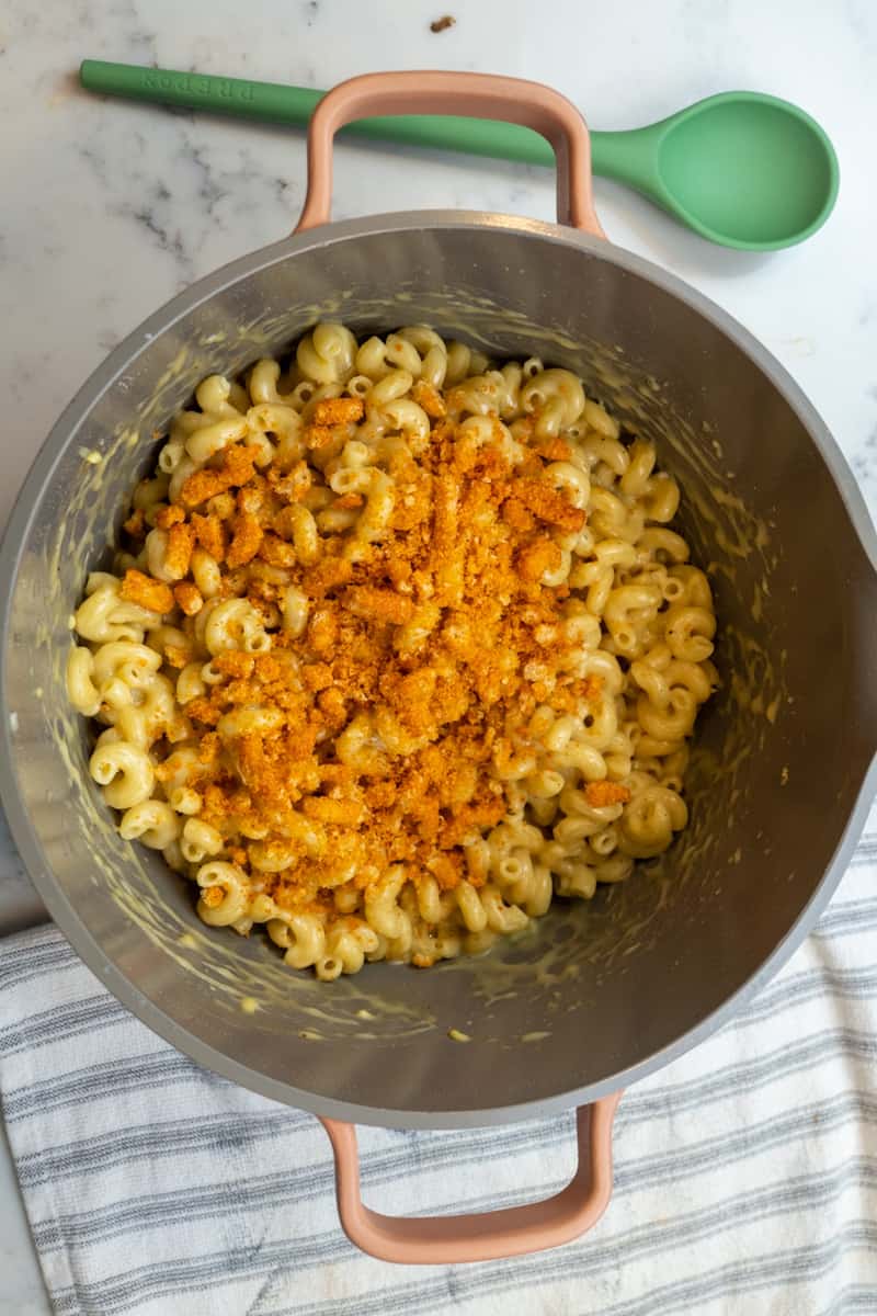 Top with crushed PeaTos for this Vegan Mac and Cheese without Cashews. 