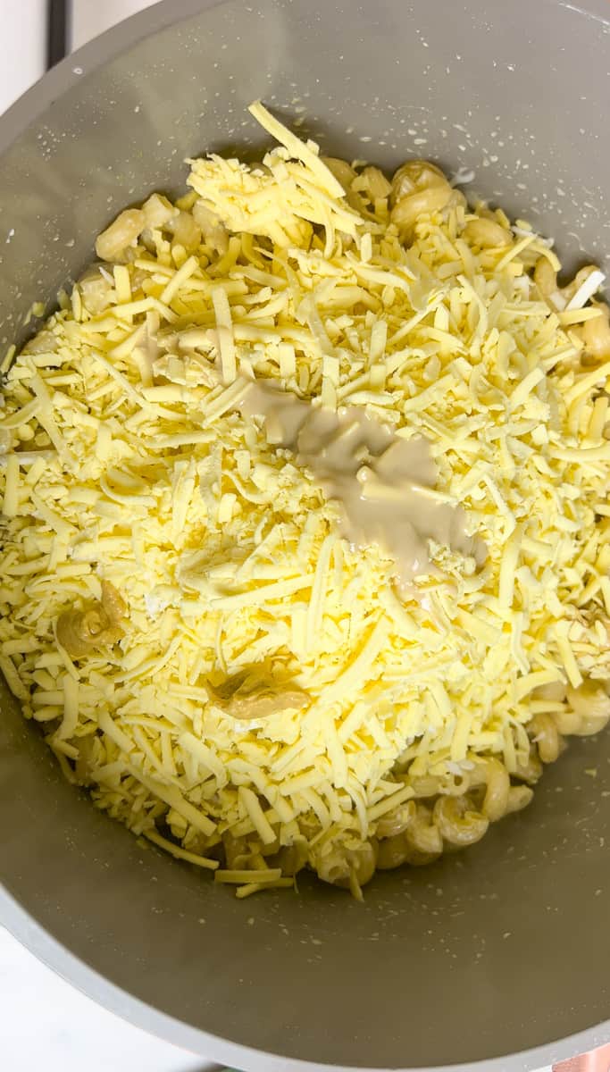 Remove from heat and add vegan cheese, mustard and tahini. Stir until the cheese is melted. Add salt and pepper, to taste. Vegan Mac and Cheese without Cashews. 