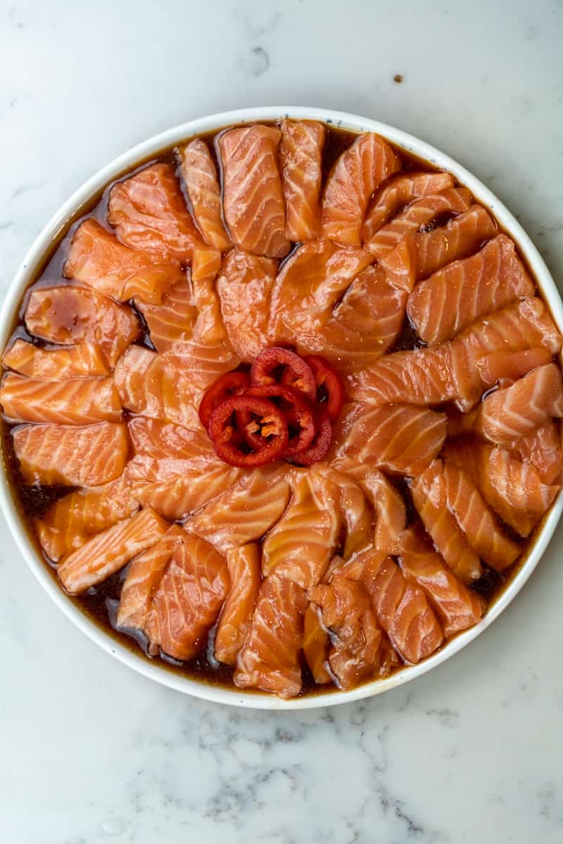 In a small bowl, add soy sauce, ponzu sauce, and sesame oil and whisk. Pour sauce over salmon. 