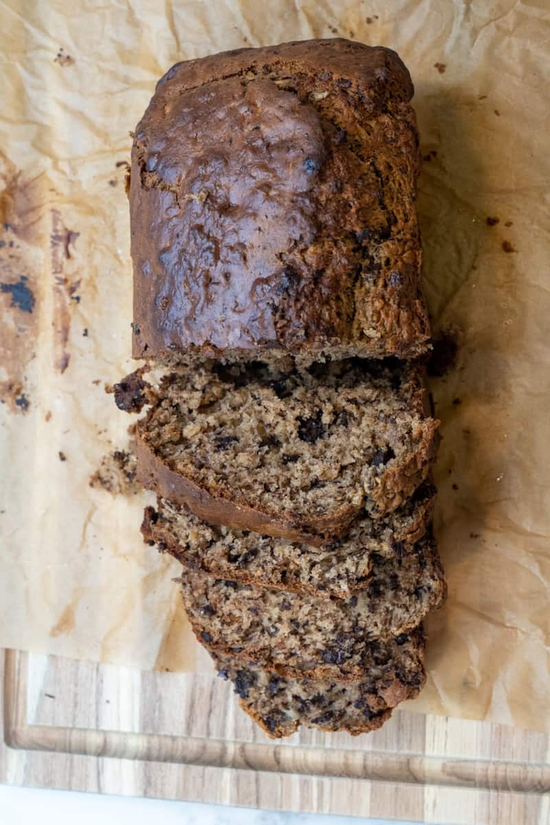 Let the Banana Oat Chocolate Chip Bread cool for 10 minutes before removing from the pan. Allow to cool completely before cutting.