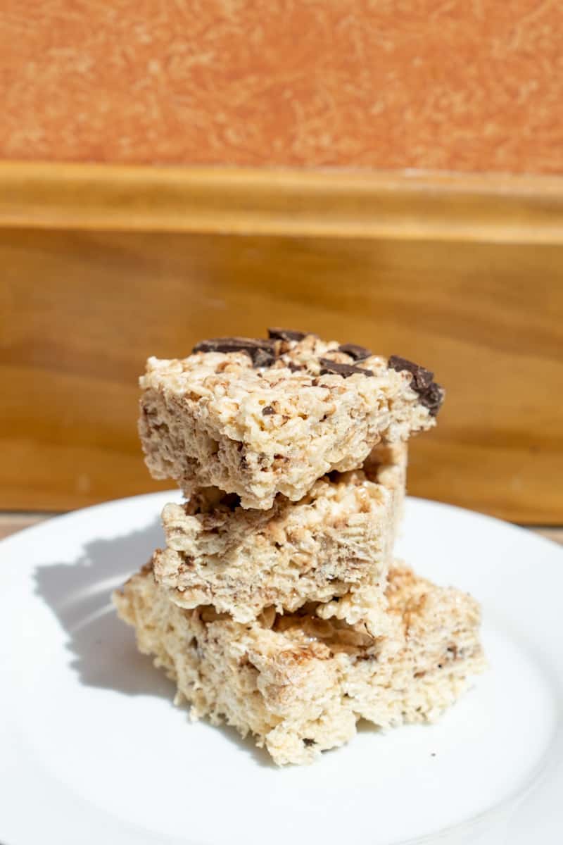 These Rice Krispie Chocolate Squares are made by melting butter and marshmallows and mixing in rice krispies and chocolate chips.