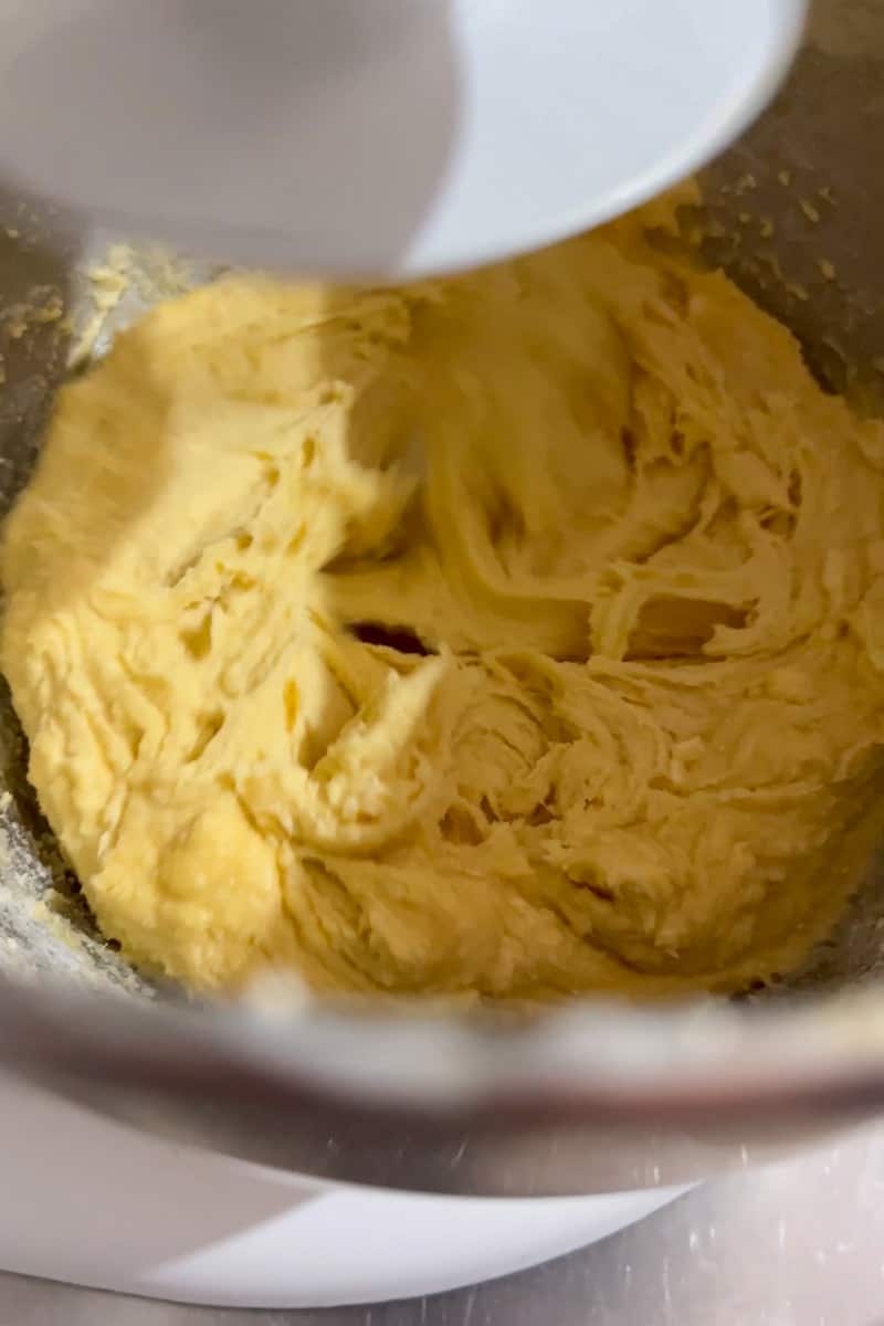 With a Kitchenaid with a dough hook, add the rest of the flour along with butter, eggs, salt, sugar and vanilla. Mix for 7 minutes at medium speed. Add the “sponge” into the bowl and keep mixing for another 7 minutes. The dough should be soft, sticky and elastic. Add this into a greased large bowl and cover with Saran Wrap. Leave in a warm place until doubled in size, about another hour. Be aware that if you leave it in the cold, it will take longer to rise.