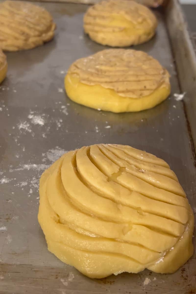 Allow these conchas to rise in a warm place until they are almost double in size and the jiggle when you move the baking sheet. This could take another hour or less. 