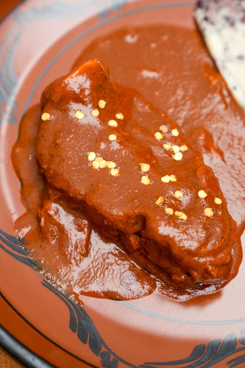 This Mexican Mole Rojo Sauce Recipe is made with a combination of dried chilies, spices, sesame, plantains and blended to perfection. 