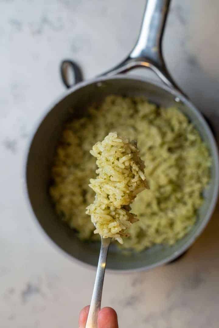 This Easy Lemon Pesto Rice Recipe is made with basil leaves, pine nuts, garlic, olive oil, parmesan cheese, basmati rice and lemon juice.